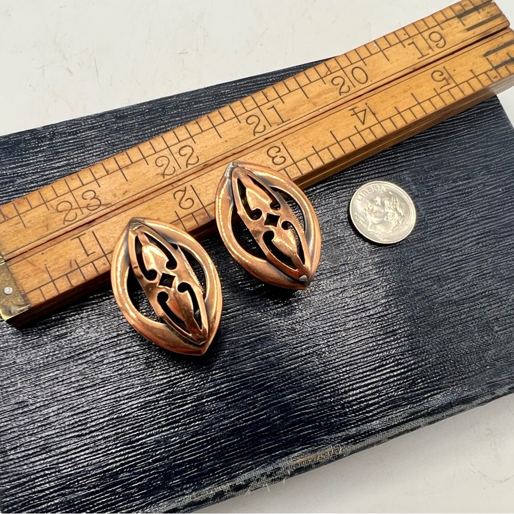 Vintage copper tone clip on earrings geometric 1.5”